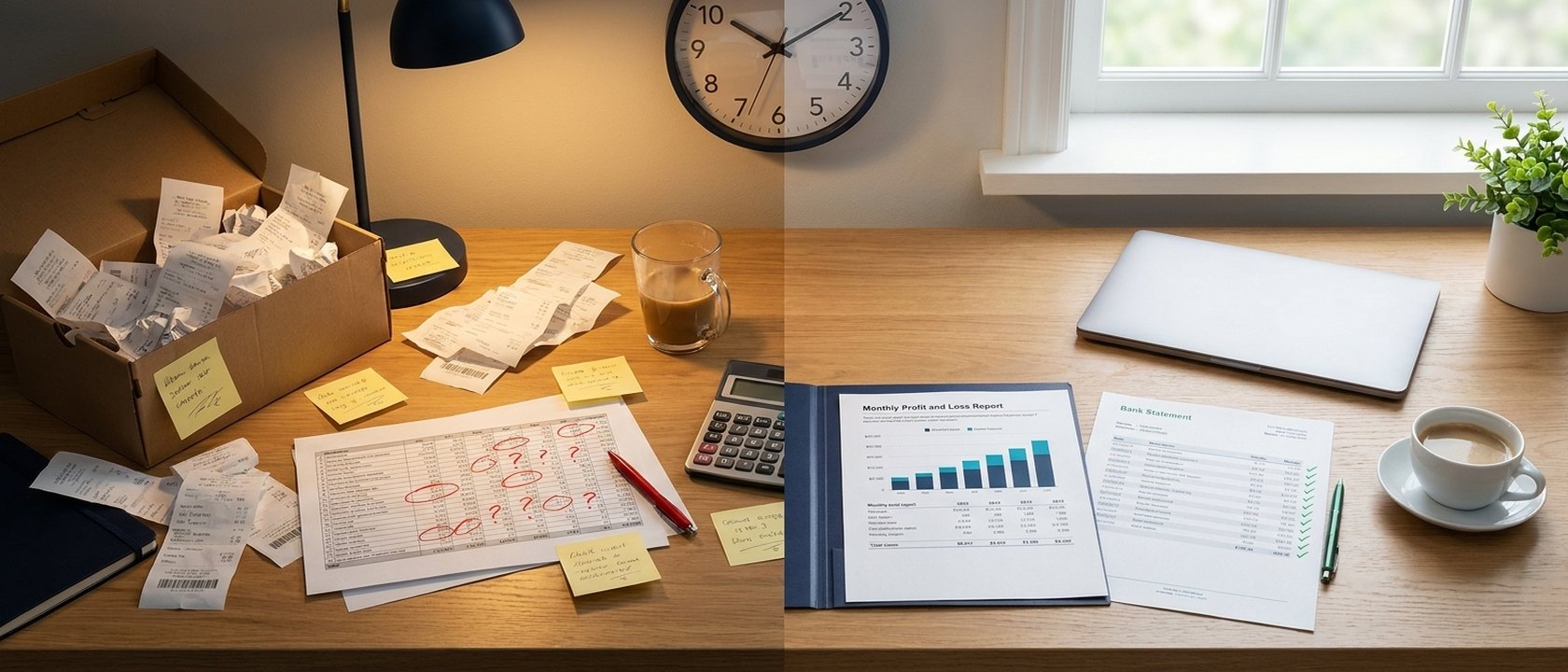 The same small-business desk at midnight, buried in receipts, and the next morning, organized with a clean profit and loss report