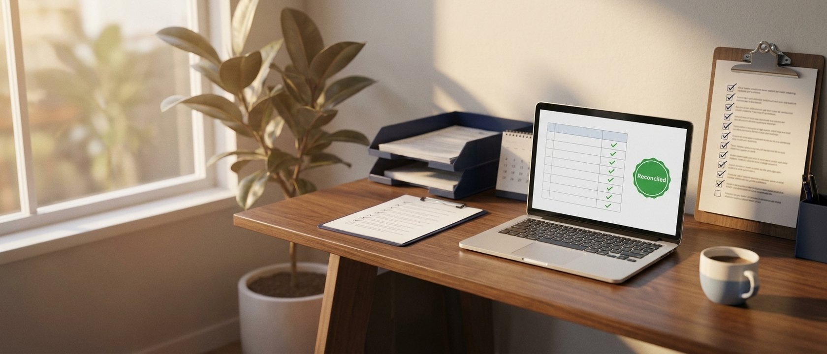 A small-business desk at month-end: a laptop showing a completed bank reconciliation and a month-end checklist with every box ticked