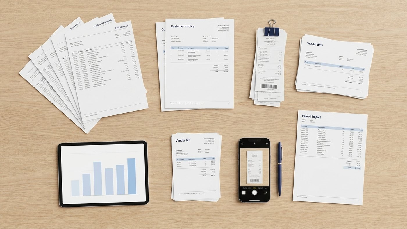 The month&rsquo;s bank and credit card statements, invoices, vendor bills, receipts and payroll report gathered on one desk before the close
