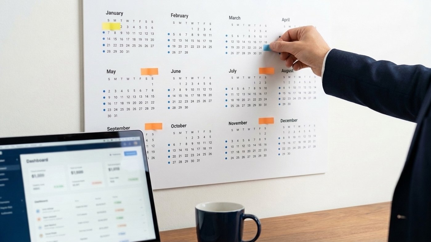 A business owner marking weekly, quarterly and annual bookkeeping tasks on a year-at-a-glance wall calendar