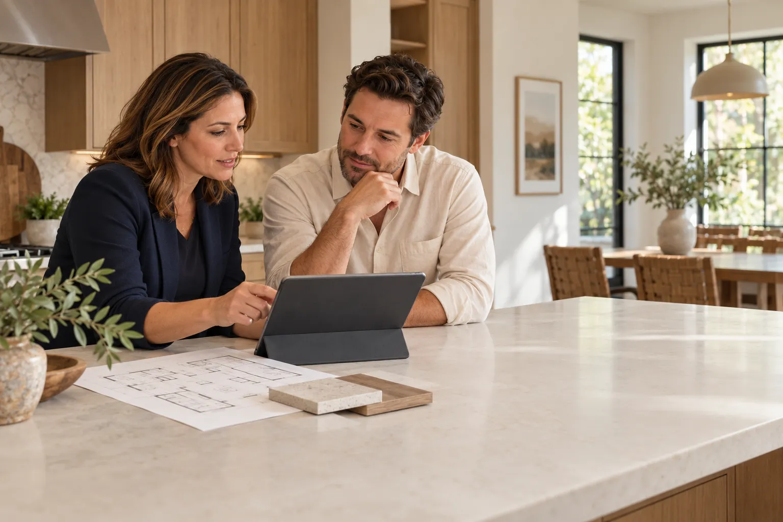 AI-generated illustration of two adults reviewing a tablet and material samples at a kitchen island.