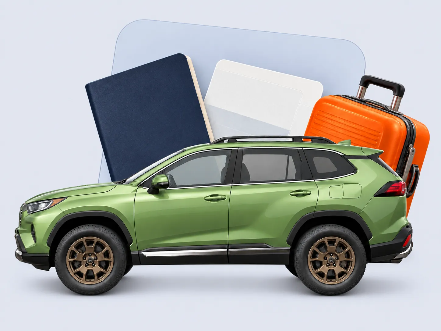 Collage Drivven : un VUS vert devant des documents de voyage et une valise.