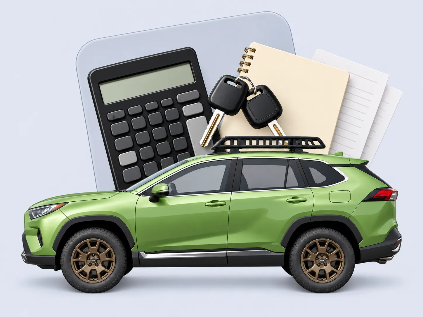Collage Drivven : un VUS vert devant une calculatrice, un carnet et des clés.