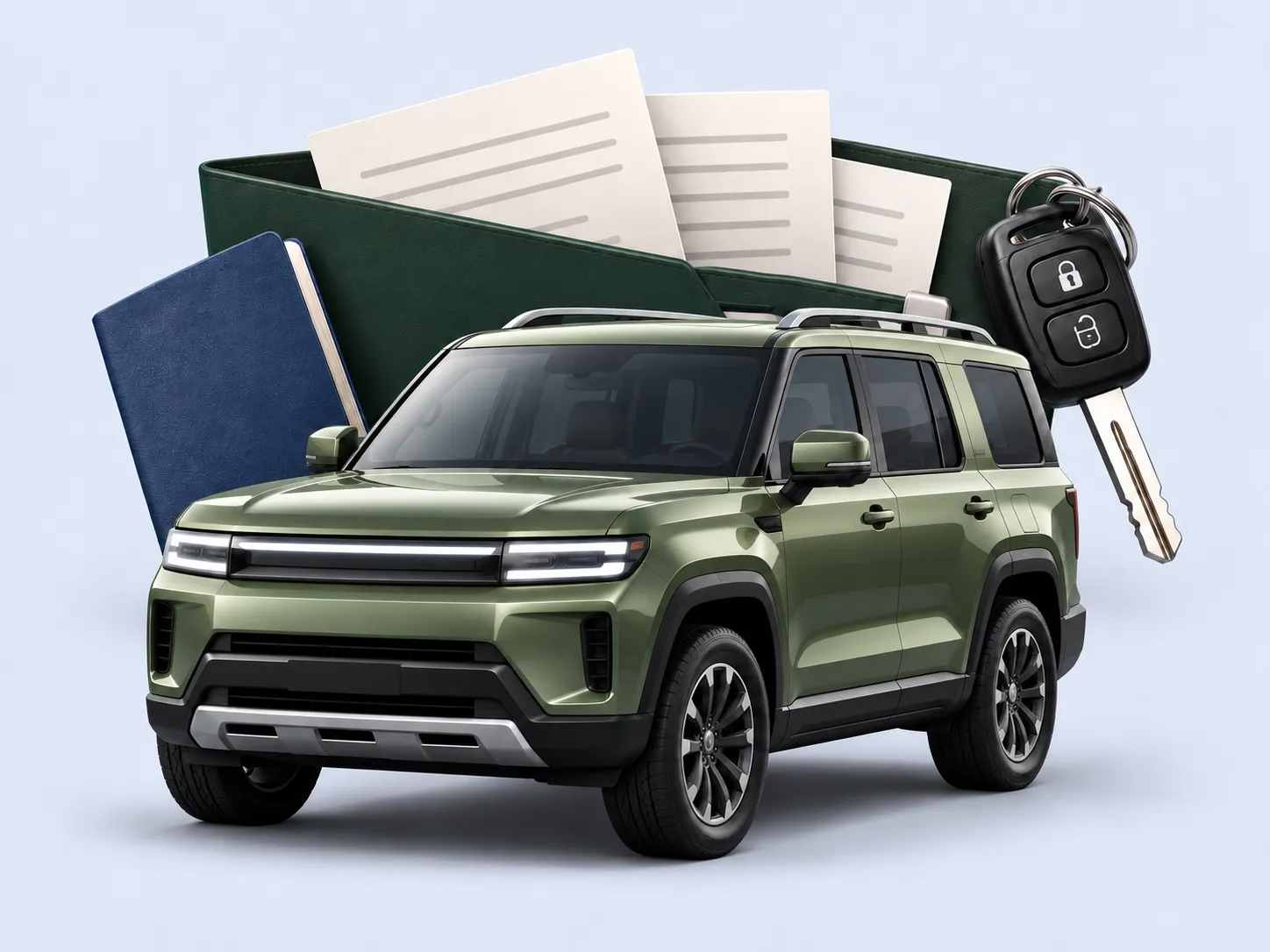 VUS vert sauge devant un dossier de documents et une clé de voiture.