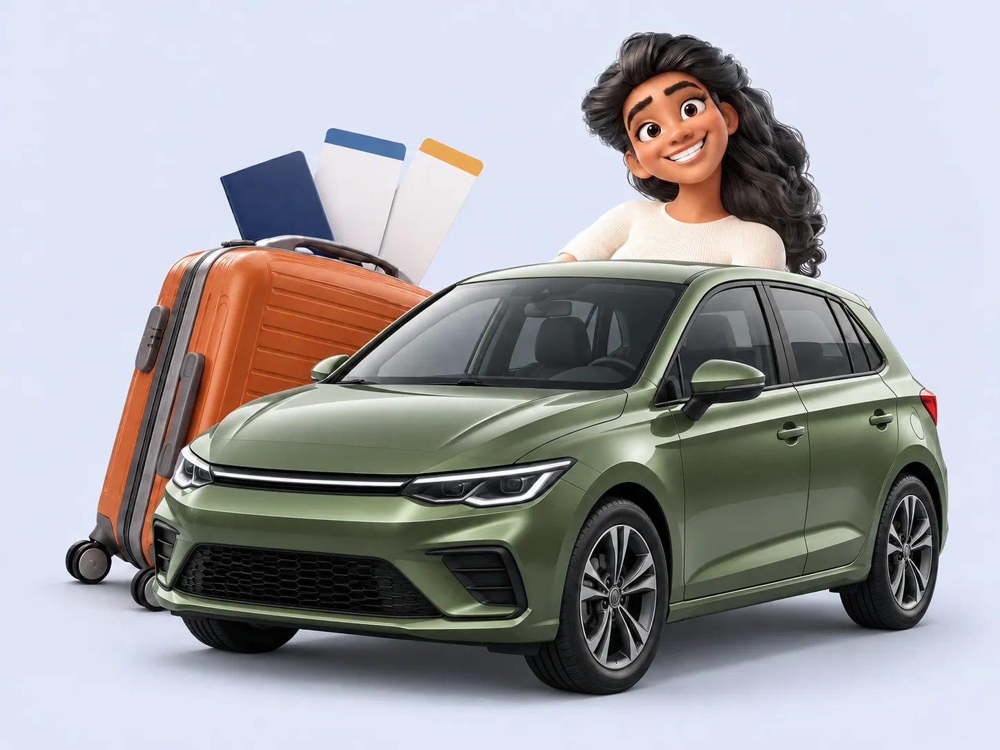 Compacte vert sauge à hayon avec une voyageuse, une valise et des documents de voyage.