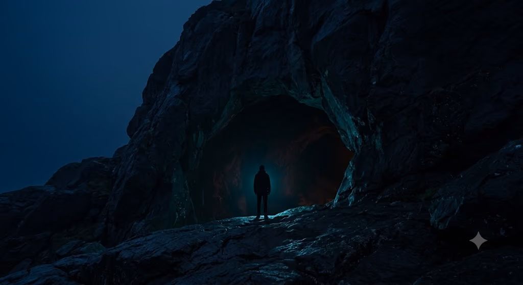 A silhouetted figure standing at the mouth of a glowing cave, representing full immersion before a breakthrough