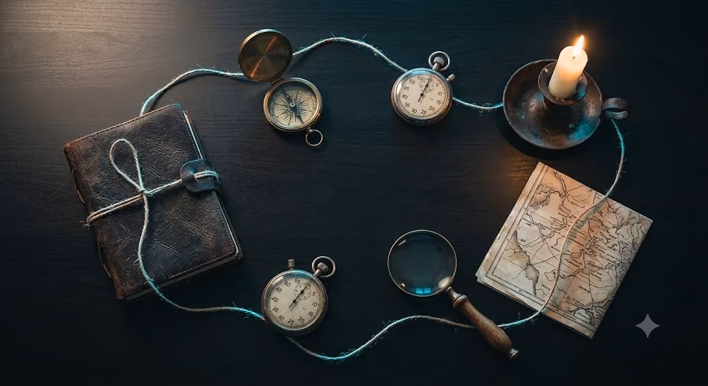Objects on a desk connected by a thread, representing the six-factor research method