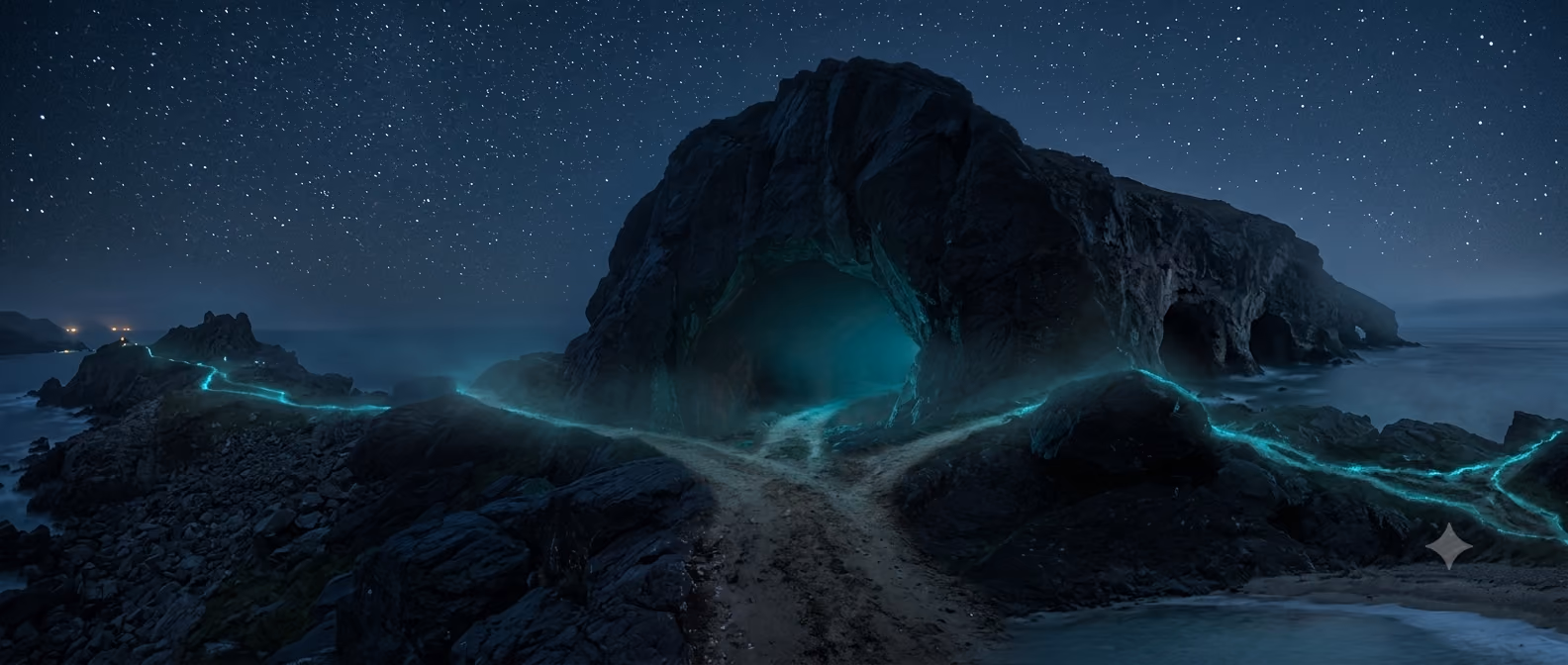 A path splitting into many diverging trails of light, representing accelerating possibility