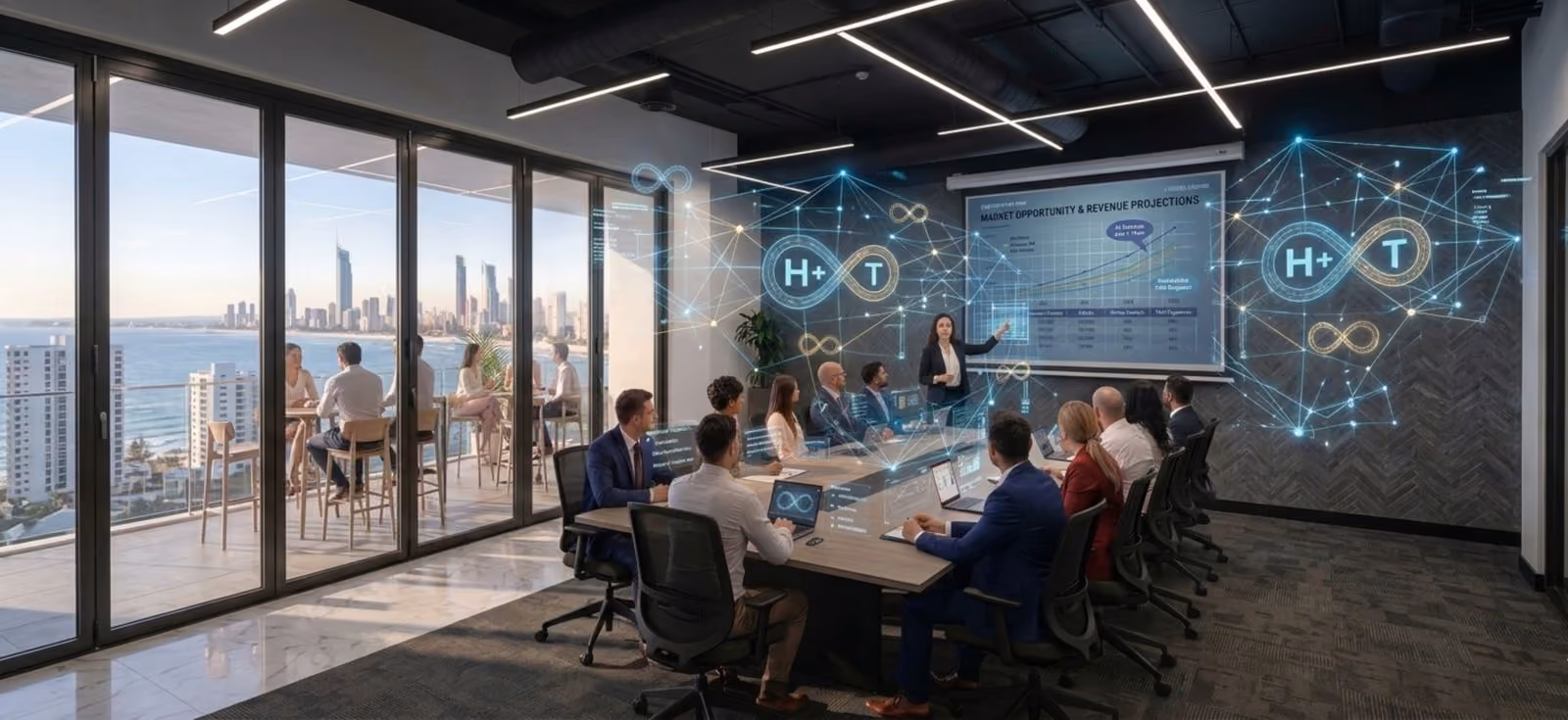 Peter Terrill's SynAgentic team in a boardroom, discussing venture strategy