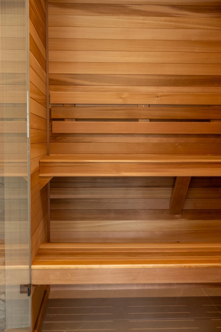 Tiered cedar benches inside the Deer Valley home sauna