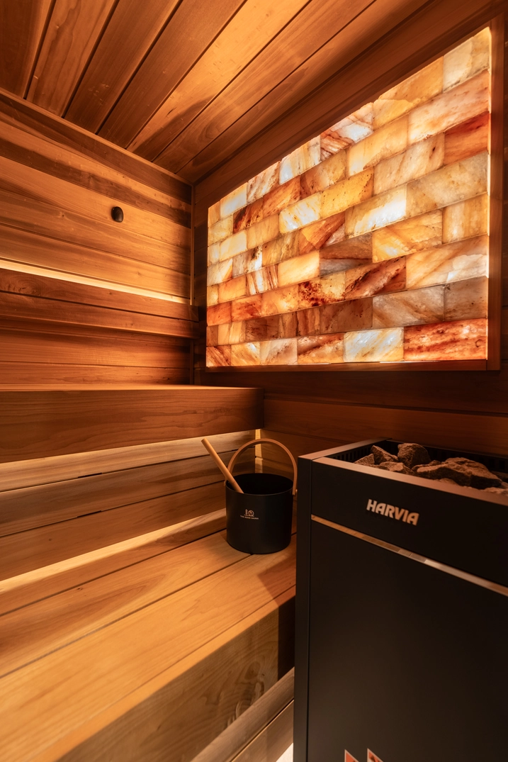 Pinnacle cedar sauna with electric heater and glowing salt wall