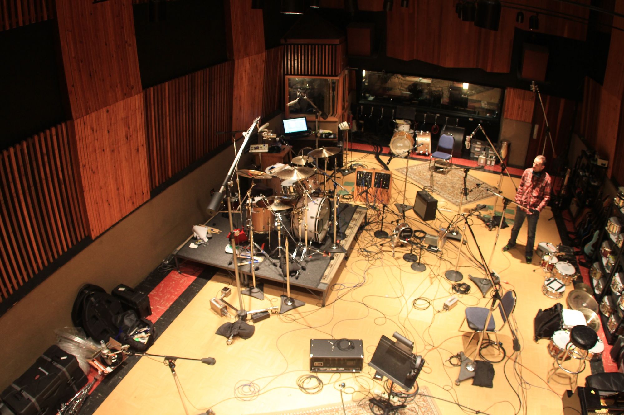 Overhead view of a full studio tracking room built and mic'd by Jerry Johnson