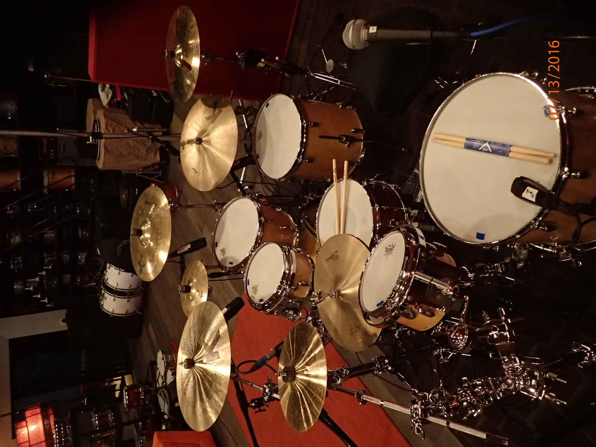 Multi-tom studio drum kit built, tuned and fully mic'd by drum tech Jerry Johnson for a recording session