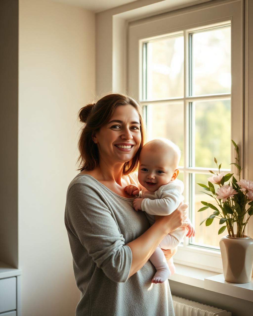 A mother holding her baby by a sunny window