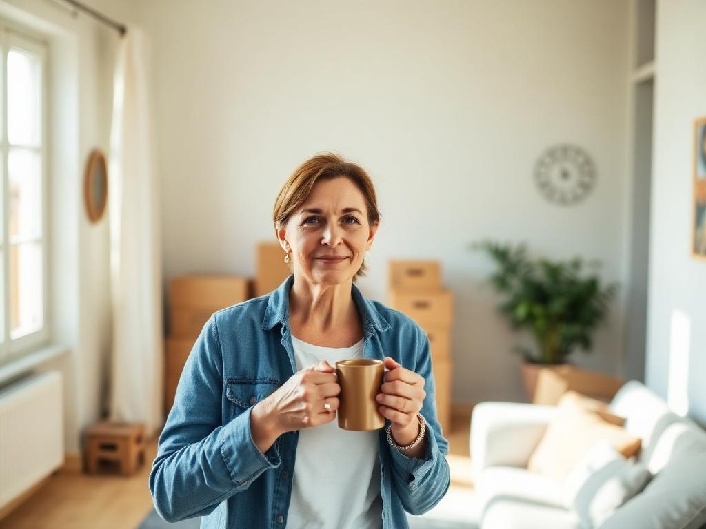 A woman with a mug in her new flat, boxes behind her