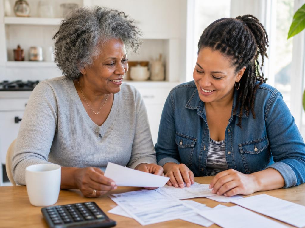 A woman and her mother going through paperwork at the kitchen table