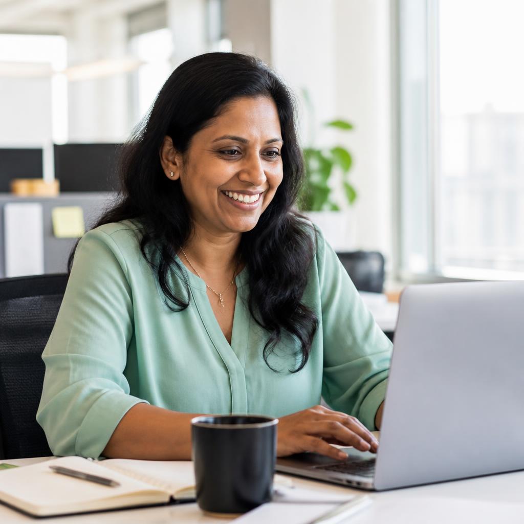 A woman smiling at her laptop in a bright office