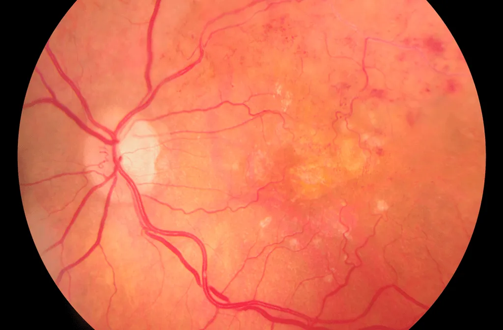 Retinal image illustrating changes in retinal blood vessels