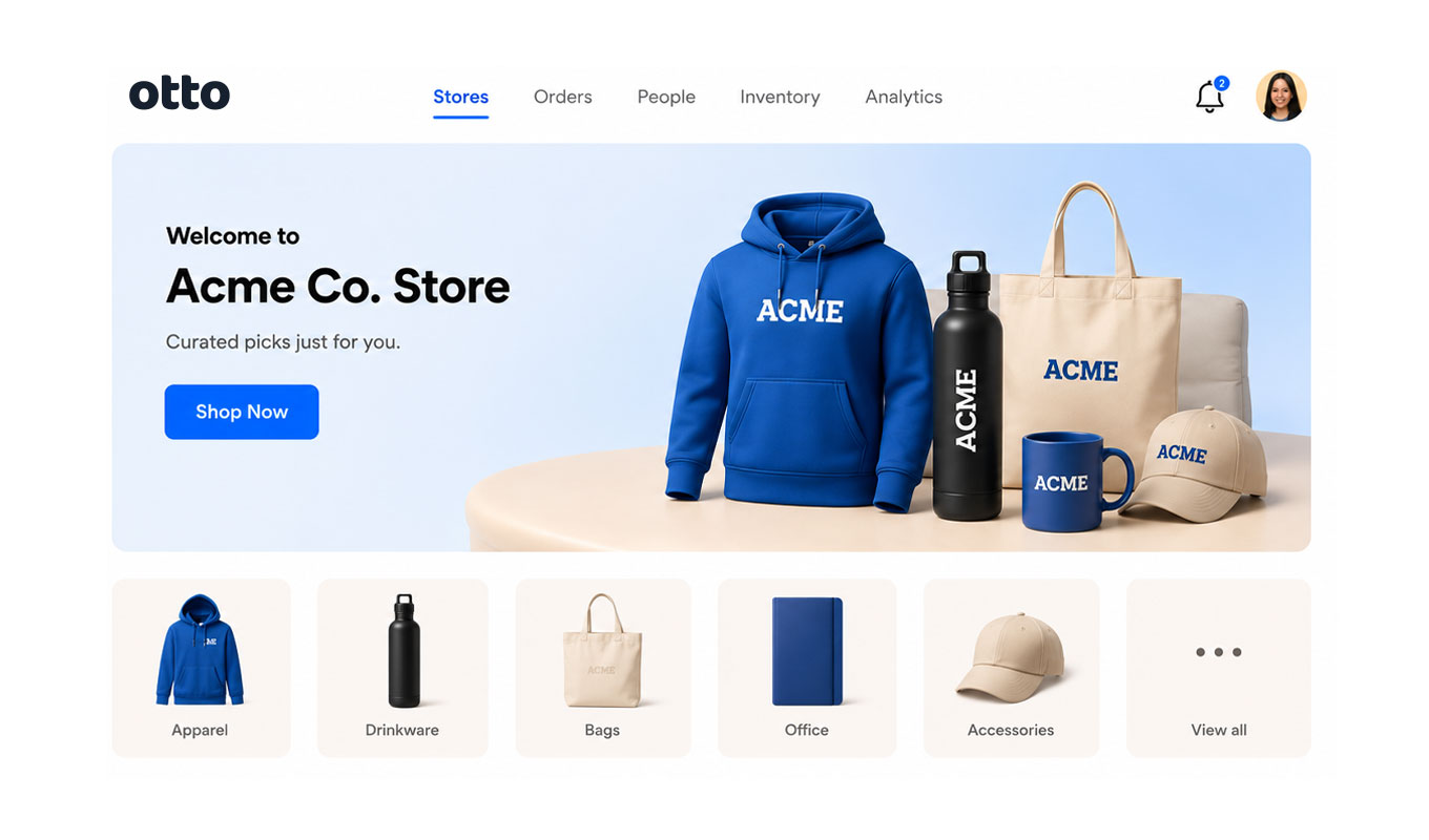 Otto merch store interface showing branded product grid