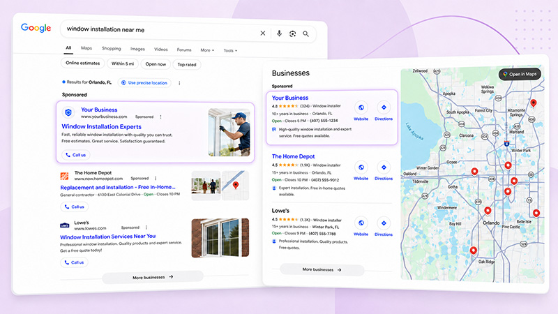 Google Search and Maps results showing sponsored business listings for a local service