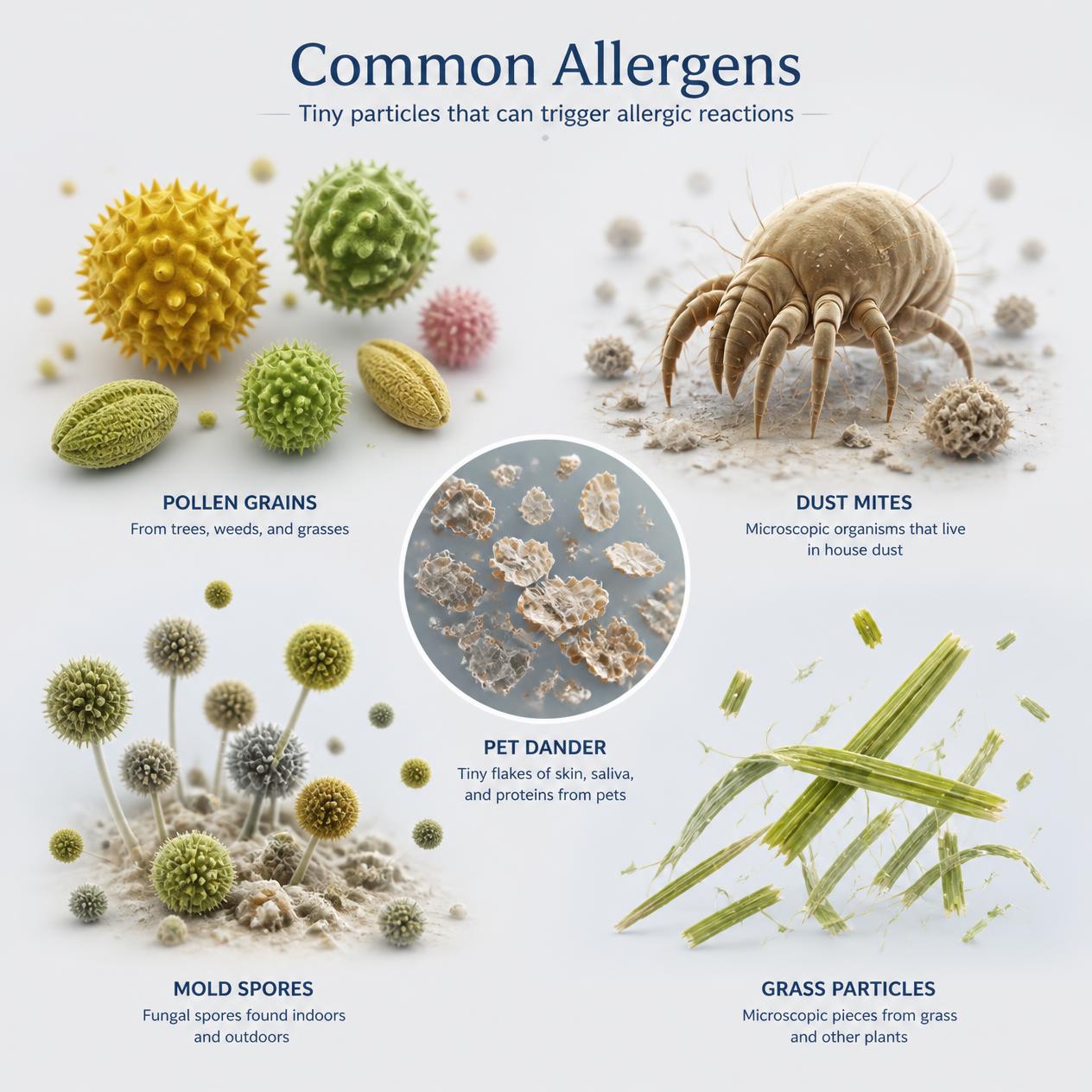 Common allergens: pollen grains, dust mites, pet dander, mold spores, and grass particles