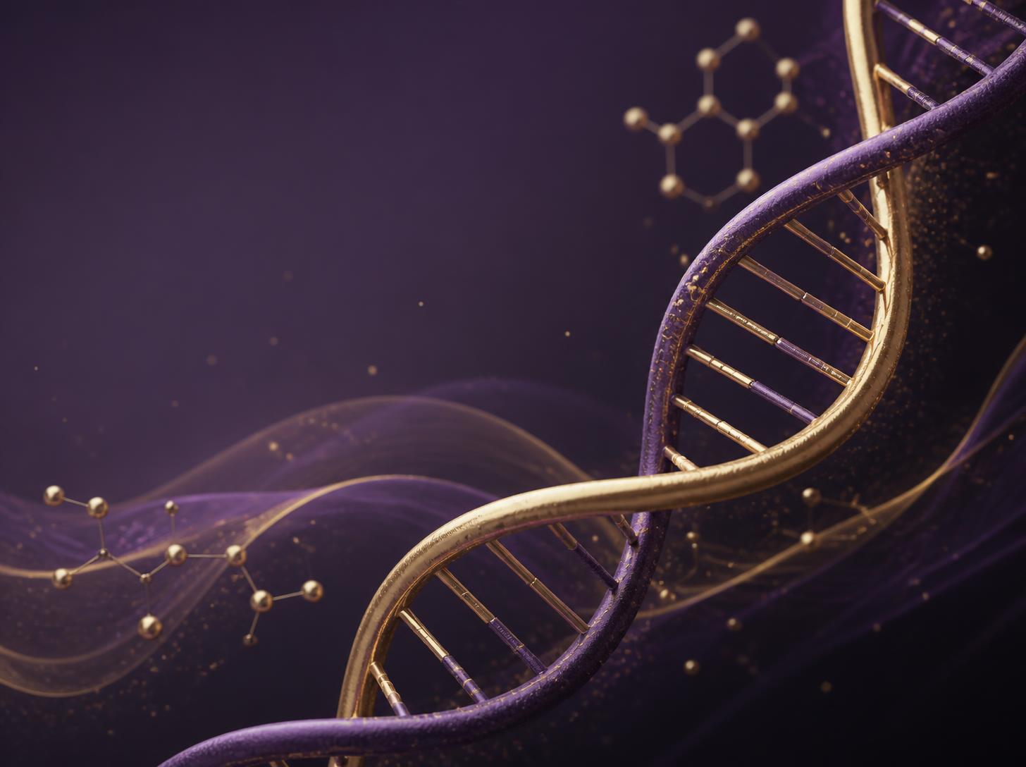 Intertwined DNA strands with molecular details, in purple and gold