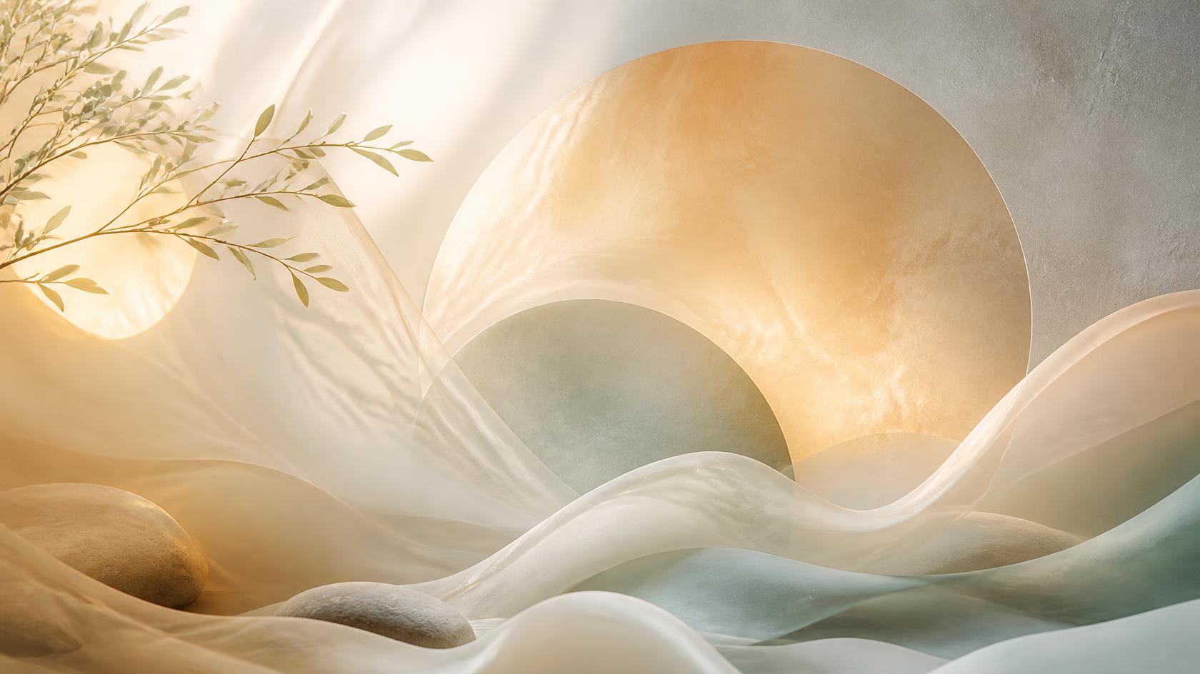 Soft flowing organic forms in warm cream, gold, and pale sage