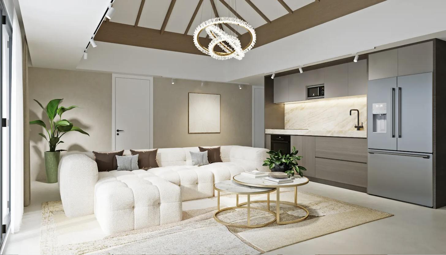 Furnished living room with open kitchen