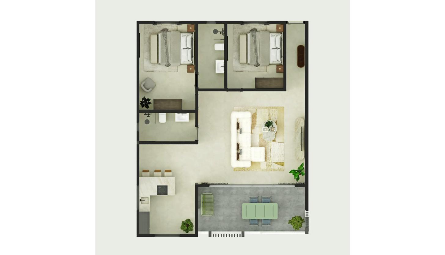 100 m² two-bedroom floor plan with terrace