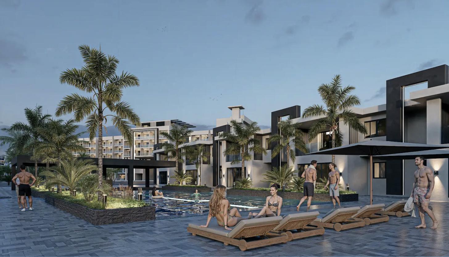 Blue Resort & Hotel pool and residences at dusk