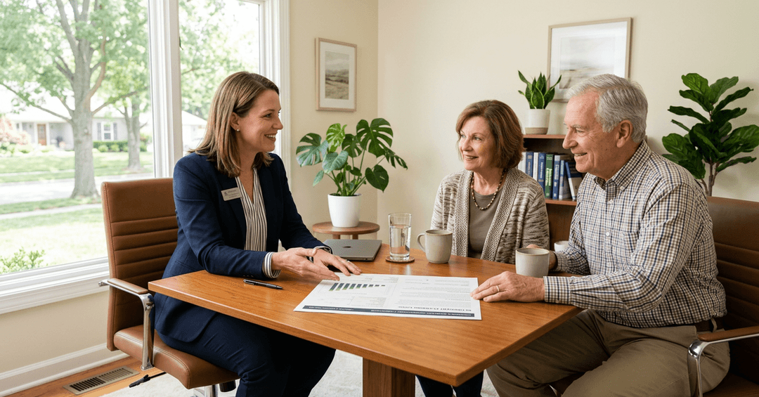 A financial advisor discusses annuity and Social Security documents with an older couple