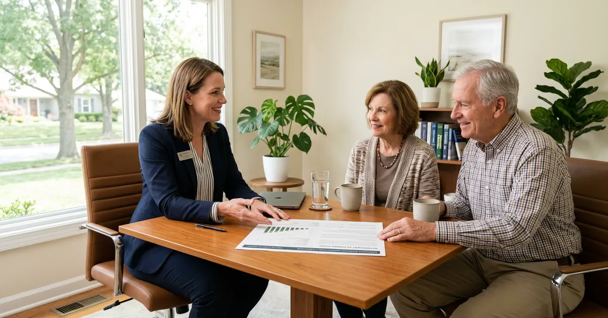 A financial advisor discusses annuity and Social Security documents with an older couple