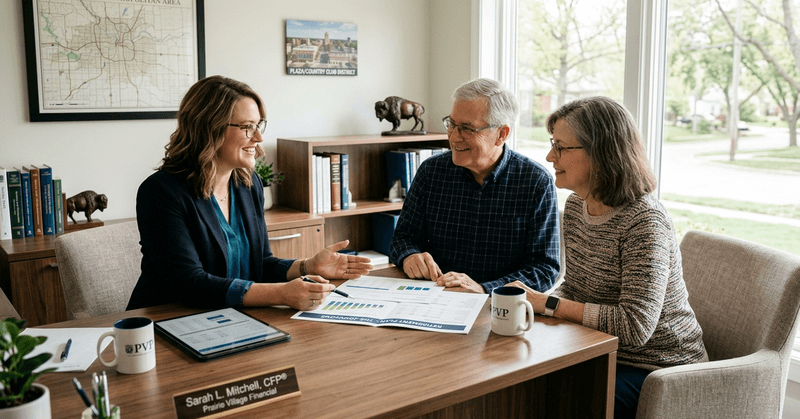 A financial advisor reviews a federal retirement plan with an older couple at a desk