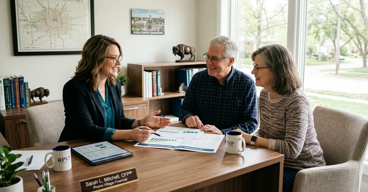 A financial advisor reviews a federal retirement plan with an older couple at a desk