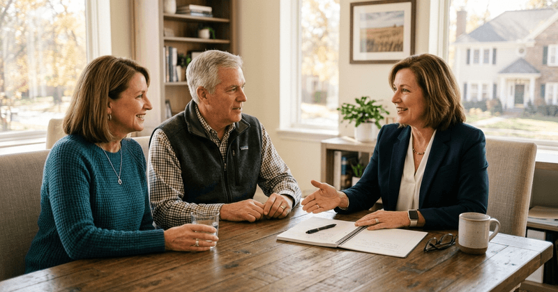 A financial advisor talks with an older couple at a wooden table in a bright room
