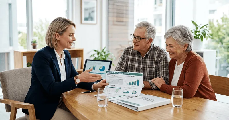 A financial advisor shows Social Security and tax projections to an older couple on a tablet