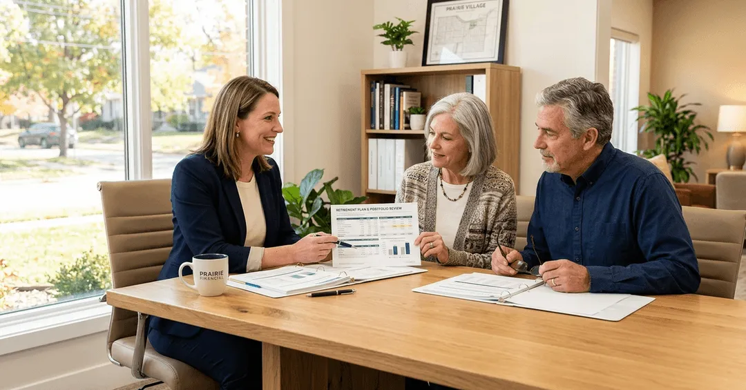 A financial advisor walks an older couple through a coordinated retirement plan document