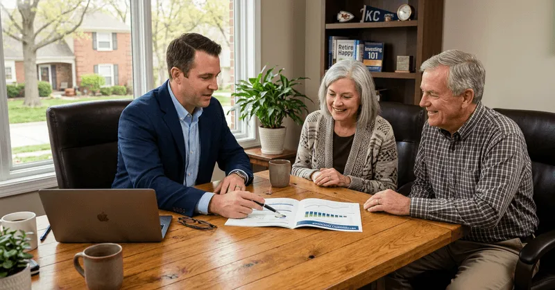 A financial advisor reviews a printed retirement report with an older couple at a dining table