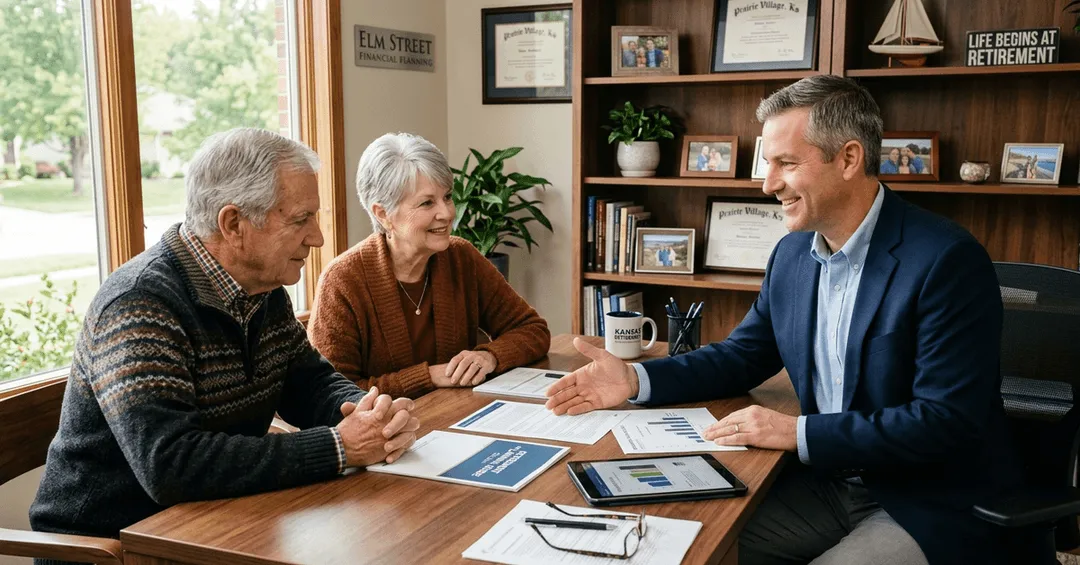 A financial advisor reviews Social Security and retirement account documents with an older couple