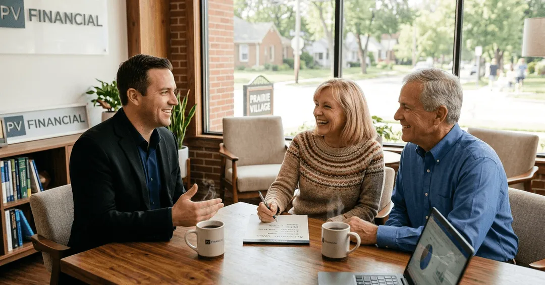 A financial advisor in conversation with an older couple in a sunlit meeting room