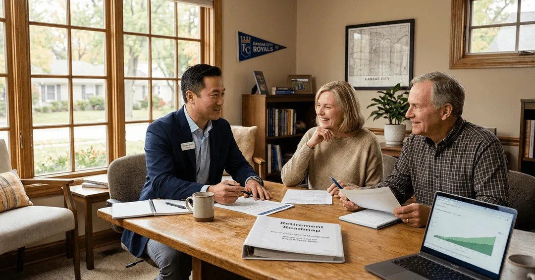 A financial advisor talks with an older couple across a dining table with a printed retirement plan
