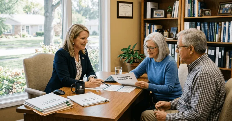 A financial advisor reviewing a retirement plan with an older couple in a home office