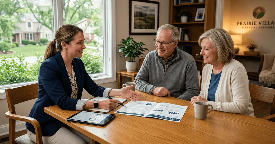 A financial advisor walks an older couple through a printed federal retirement plan at a table