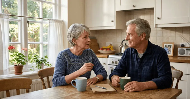 An older couple talking over coffee at their kitchen table