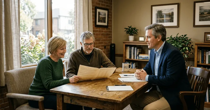 A financial advisor reviews a document with a couple in their fifties at a dining table