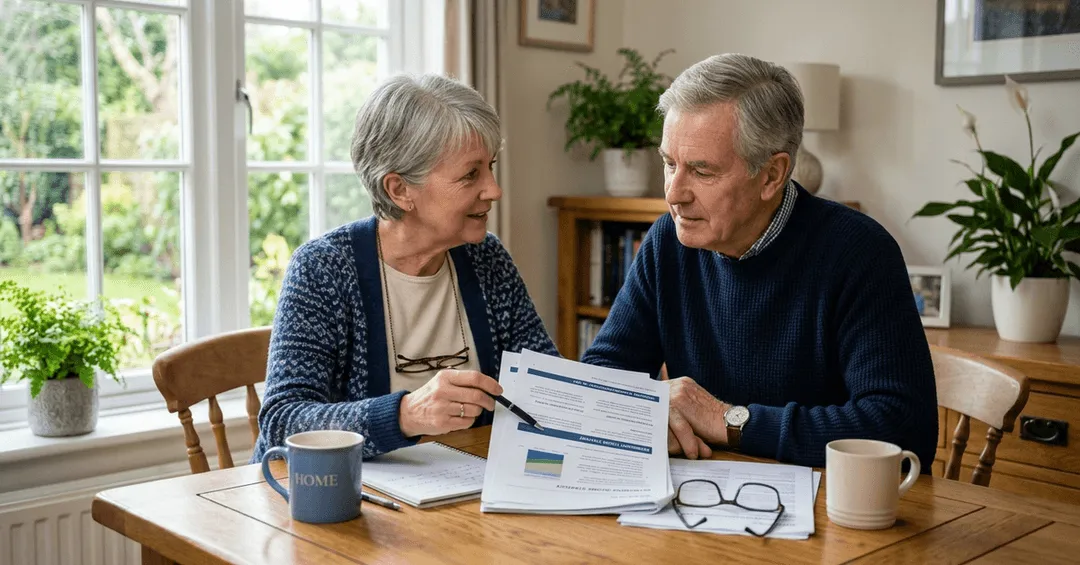An older couple reviewing a retirement account statement together at home