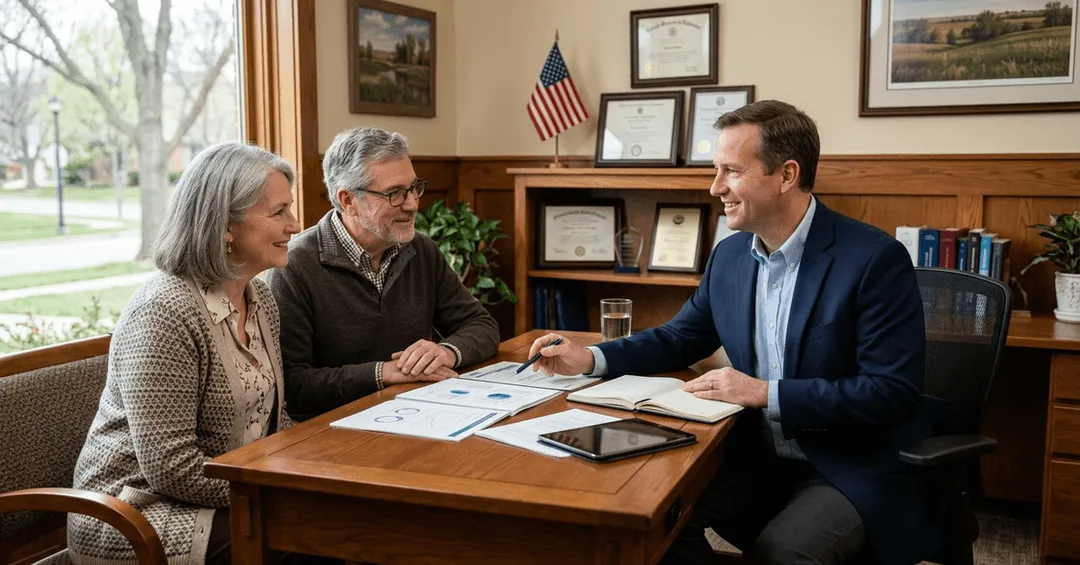 A financial advisor meets with a federal employee and his wife at a desk