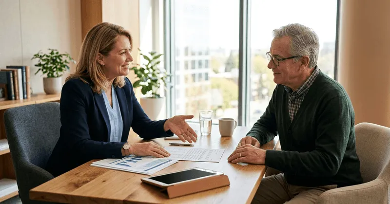 A financial advisor talking with an older man across a table in a bright office