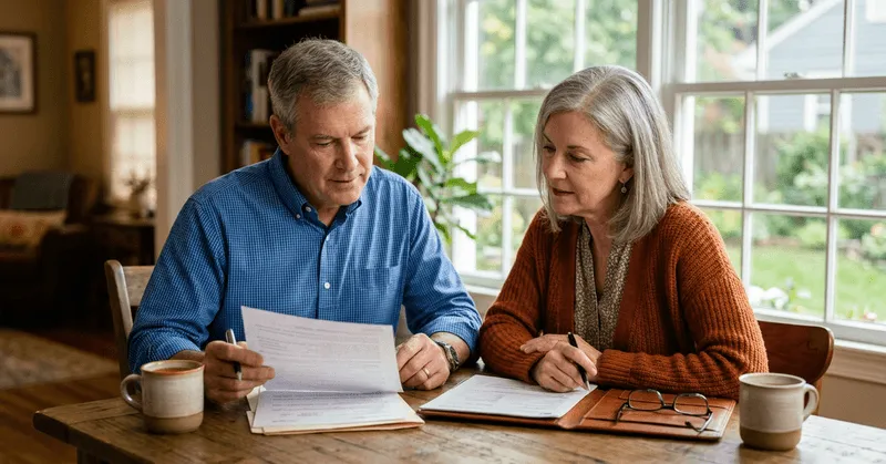 A retired couple reviewing statements and a notebook at their kitchen table