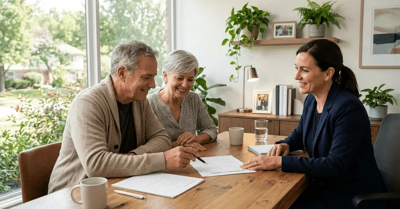 An advisor meeting with an older couple at their dining table